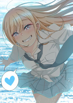 1girl arm_at_side barbell_piercing blonde_hair blue_necktie blue_skirt blush chool_uniform collarbone collared_shirt commentary_request cowboy_shot ear_piercing foreshortening grin heart highres jewelry kitagawa_marin kitahara_kiyoshi leaning_forward long_hair looking_at_viewer miniskirt necktie ocean paid_reward_available piercing pink_eyes ring shirt skirt smile solo sono_bisque_doll_wa_koi_wo_suru spoken_heart summer_uniform tied_shirt water white_shirt