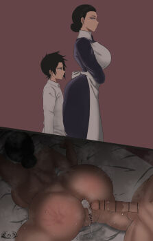 1boy 1girl absurdres after_anal aftersex age_difference arched_back artist_logo ass ass_focus bed bed_sheet before_and_after black_hair breasts completely_nude cum cum_in_ass defeat doggystyle from_above from_behind fucked_silly hair_bun handprint hetero highres huge_ass incest isabella_(yakusoku_no_neverland) large_breasts logo lord_lince mind_break mother_and_son nude older_female_and_younger_male onee-shota penis pov pussy pussy_juice pussy_juice_puddle pussy_juice_trail ray_(yakusoku_no_neverland) sex sex_from_behind sheet_grab shota shotadom slap_mark smaller_dominant spanked steam steaming_body sweat toned very_sweaty wide_hips yakusoku_no_neverland