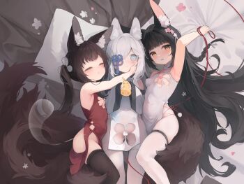 3girls absurdres amagi-chan_(azur_lane) animal_ear_fluff animal_ears armpits azur_lane bare_shoulders bed_sheet black_hair black_thighhighs blue_eyes blunt_bangs china_dress chinese_clothes chinese_commentary clothing_cutout commentary_request detached_sleeves dress flower_cutout fox_ears fox_girl fox_tail hair_over_one_eye highres kasumi_(azur_lane) kasumi_1118 kitsune kyuubi loli long_hair long_sleeves lying manjuu_(azur_lane) multiple_girls multiple_tails nagato_(azur_lane) nagato_(guardian_fox's_blessed_bonds)_(azur_lane) no_panties official_alternate_costume on_back on_bed pantyhose pelvic_curtain pillow red_dress sheet_grab sleeveless sleeveless_dress string string_of_fate swept_bangs tail thick_eyebrows thigh_strap thighband_pantyhose thighhighs twintails very_long_hair white_dress white_hair white_pantyhose white_thighhighs wide_sleeves yellow_eyes