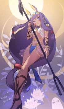 1girl alt_(apou) ancient_egyptian ancient_egyptian_clothes animal_ears bangle belly_chain bracelet breasts commentary_request dark-skinned_female dark_skin earrings facepaint fate/grand_order fate_(series) flower hair_between_eyes happy_birthday highres holding holding_staff hoop_earrings jackal_ears jewelry long_hair medium_breasts medjed_(fate) nitocris_(fate) nitocris_(second_ascension)_(fate) pelvic_curtain purple_eyes purple_hair solo staff very_long_hair white_flower