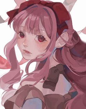 1girl blunt_bangs blush bow closed_mouth commentary eyelashes hair_ribbon highres one_piece perona pink_hair red_bow ribbon sidelocks solo symbol-only_commentary u_mi031 upper_body white_background