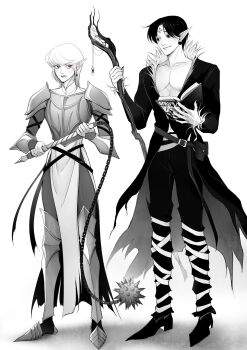 Rule 34 | 2boys, 63roku63, alternate universe, androgynous, armor, black hair, bug, chrollo lucilfer, cross tattoo, facial mark, forehead mark, forehead tattoo, highres, hunter x hunter, kurapika, lips, male focus, medium hair, monochrome, multiple boys, red eyes, short hair, spider, tattoo