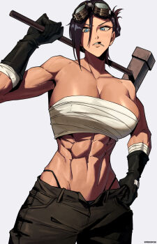 Rule 34 | 1girl, abs, bandeau, black gloves, black hair, black pants, blue eyes, breasts, clenched teeth, closed mouth, commentary request, commission, gloves, goggles, goggles on head, hammer, highleg, highleg panties, highres, holding, holding hammer, large breasts, looking at viewer, madoro q, muscular, muscular female, original, panties, pants, simple background, skeb commission, solo, teeth, underwear, white background, white bandeau