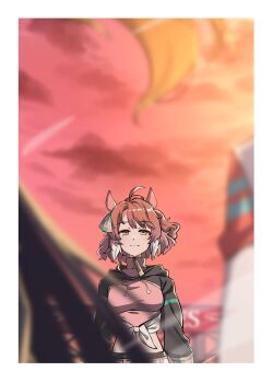 3girls agnes_tachyon_(tach-nology)_(umamusume) agnes_tachyon_(umamusume) ahoge animal_ears black_shrug blurry blurry_foreground border brown_eyes brown_hair closed_mouth commentary_request dantsu_flame_(center_spotlight)_(umamusume) dantsu_flame_(umamusume) evening highres horse_ears horse_girl long_sleeves looking_at_another looking_at_viewer manhattan_cafe_(umamusume) multicolored_hair multiple_girls outdoors pink_shirt shikaya shirt short_hair shrug_(clothing) solo_focus standing white_border white_hair