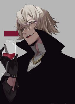 1boy alcohol bleach blonde_hair blood cape cup drinking_blood drinking_glass facial_hair fangs gloves hair_between_eyes halloween halloween_costume highres holding long_sleeves looking_at_viewer male_focus open_mouth shirt short_hair smile solo ui_1231 urahara_kisuke vampire_costume wine wine_glass yellow_eyes