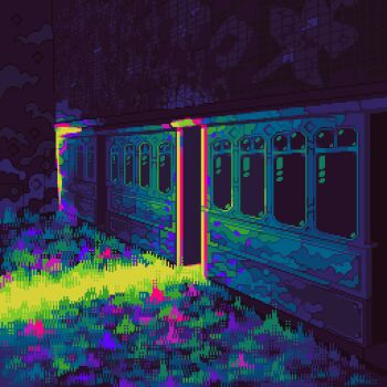 abandoned absurdres broken_glass column crack_of_light dark dim_lighting doorway glass grass highres no_humans original outdoors pillar pixel_art ruins train ventiquepxl window
