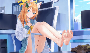 1girl animal_ear_fluff animal_ears bare_legs barefoot blue_archive blue_eyes blue_sailor_collar blue_skirt blush bow bowtie braid brown_shoes cat_ears chair collarbone cum cum_on_body cum_on_feet cumdrip eyelashes feet flower foot_focus full_body hair_between_eyes hair_flower hair_ornament halo hand_up highres indoors kou_futoshi legs loafers long_sleeves looking_at_viewer mari_(blue_archive) miniskirt office on_chair orange_hair pleated_skirt sailor_collar school_uniform serafuku shirt shoes sitting skirt soles solo spread_toes toe_seam toes variant_set white_flower white_shirt yellow_bow yellow_bowtie