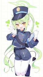 Rule 34 | 1girl, absurdres, black footwear, black hat, black jacket, black shorts, black tail, blue archive, blush, boots, demon tail, earrings, fang, gloves, green hair, green halo, halo, hat, heart, highlander twintails conductor (blue archive), highres, jacket, jewelry, kneeling, long hair, long sleeves, looking at viewer, open mouth, pantyhose, peaked cap, pointy ears, shishiodoshi, shorts, single earring, skin fang, smile, solo, tail, twintails, white gloves, white pantyhose, yellow eyes