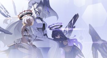 3girls above-cleavage_cutout absurdres black_gloves black_hair black_halo black_skin black_sleeves bodystocking boots breasts clothing_cutout colored_inner_hair colored_skin covered_collarbone covered_underboob dark-skinned_female dark_halo dark_skin detached_sleeves earrings endless_(nikke) enikk_(nikke) eternity_(nikke) gloves goddess_of_victory:_nikke hair_between_eyes half_gloves halo hashtag-only_commentary highres jewelry large_breasts long_hair long_sleeves looking_at_viewer mechanical_halo mechanical_wings multicolored_hair multiple_girls navel purple_eyes short_hair small_breasts thigh_boots wge white_hair white_sleeves wings yellow_eyes