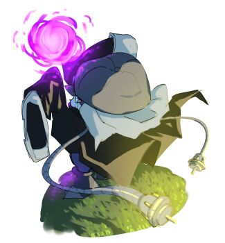 Rule 34 | absurdres, appmon, arms up, back cover, cable, cover, digimon, digimon universe: appli monsters, energy ball, from behind, full body, highres, koutei teki, offmon, on grass, powering up, simple background, sleeves past fingers, sleeves past wrists, standing, white background