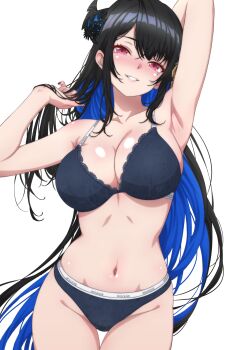 1girl absurdres arm_behind_head arm_up armpits asymmetrical_horns black_hair blue_bra blue_hair blue_panties blush bra breasts cleavage colored_inner_hair commentary flower grin hand_up highres hololive hololive_english horn_flower horns lace lace_bra lace_panties large_breasts lingerie long_hair looking_at_viewer mole mole_under_eye multicolored_hair navel nerissa_ravencroft p-nekoe panties purple_eyes sidelocks simple_background slit_pupils smile solo stomach thigh_gap underwear underwear_only uneven_horns very_long_hair virtual_youtuber white_background