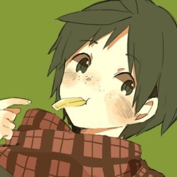 1boy blush brown_eyes brown_hair commentary_request dot_nose dutch_angle food food_in_mouth freckles french_fries green_background haikyuu!! hazime looking_to_the_side lowres male_focus parted_bangs plaid_clothes plaid_scarf portrait red_scarf scarf short_hair sideways_glance solo yamaguchi_tadashi