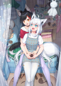 2girls :3 ahoge alternate_costume animal-themed_furniture animal_ear_fluff animal_ears black_choker black_hair blue_eyes breasts cat cat_ear_smartphone_case cellphone chair check_object choker clothes_writing collar collarbone commentary_request controller crossed_bangs cup cupcake double-parted_bangs dress dress_over_shirt feet_out_of_frame food fox_ears fox_girl fox_tail game_controller green_dress highres holding holding_cup hololive hug hug_from_behind leggings light_blush long_hair mat medium_breasts milkshake multicolored_hair multiple_girls ookami_mio open_mouth phone plaid_clothes plaid_dress purple_leggings red_hair red_shirt sheet_ghost shirakami_fubuki shirt short_sleeves sitting_between_lap sleeping sleeveless sleeveless_dress smartphone smile streaked_hair swept_bangs taiga_(ookami_mio) tail tawa_(ookami_mio) tsuru_hane very_long_hair virtual_youtuber white_collar white_hair white_leggings white_shirt wolf_ears wolf_girl wolf_tail yellow_eyes