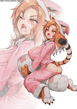 1girl animal_ears animal_hands animal_print ass blush breasts brown_eyes bursting_breasts butt_crack commentary cum cum_on_body english_commentary facial fangs female_focus full_body gao_(gaolukchup) gloves hat highres huge_breasts medium_hair nipples no_bra no_panties one_eye_closed open_mouth original pajamas patreon_username paw_gloves paw_shoes punching_bag shoes solo straddling tail tears tiger_ears tiger_print tiger_tail torn_clothes watermark web_address yawning zoom_layer