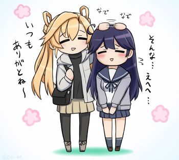 2girls =_= abukuma_(kancolle) abukuma_(lawson)_(kancolle) ahoge black_hair black_pantyhose black_sweater blonde_hair blue_neckerchief blue_sailor_collar blue_skirt boots brown_skirt cardigan closed_eyes commentary_request double_bun full_body grey_boots grey_jacket hair_bun hair_rings highres hood hooded_jacket hooded_sweater jacket kantai_collection long_hair multiple_girls neckerchief pantyhose pleated_skirt purple_cardigan putting sailor_collar school_uniform serafuku skirt smile sweater tofu_donburi translation_request ushio_(autumn_2015)_(kancolle) ushio_(kancolle)