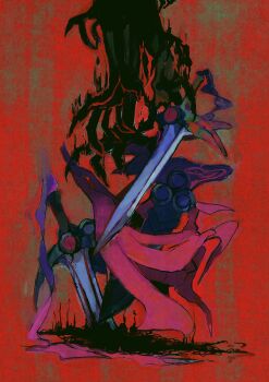 Rule 34 | absurdres, animate object, aura, commentary request, dark aura, doublade, fccmpsjkz, gen 6 pokemon, highres, horror (theme), nintendo, no humans, one-eyed, pokemon, pokemon (creature), pokemon focus, red background, sheath, slit pupils, sword, weapon