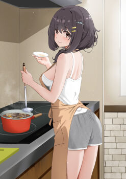1girl absurdres apron ass bare_shoulders blush breasts brown_apron camisole closed_mouth commentary_request cooking cooking_pot cowboy_shot cup food from_side gibun_(sozoshu) grey_shorts hair_ornament hairclip hibi_wa_sugiredo_meshi_umashi highres holding holding_cup holding_ladle indoors kawai_mako kitchen ladle looking_at_viewer medium_breasts medium_hair short_shorts shorts solo spaghetti_strap standing stove underwear white_camisole