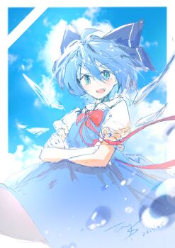 1girl blue_bow blue_dress blue_eyes blue_hair blue_sky blush bow chinese_commentary cirno cloud collared_shirt commentary_request crossed_arms day detached_wings dress fang hair_bow ice ice_wings looking_at_viewer open_mouth pinafore_dress puffy_short_sleeves puffy_sleeves shirt short_sleeves sky sleeveless sleeveless_dress smile solo t0nys touhou water_drop white_shirt wings