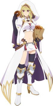 Rule 34 | 1girl, artist request, asymmetrical legwear, bag, black gloves, black thighhighs, blonde hair, breasts, closed mouth, commentary, donut, elbow gloves, food, full body, game cg, gloves, gradient hair, high collar, highres, holding, holding food, holding pastry bag, hood, long hair, milla maxwell, milla maxwell (roar of the white lions), multicolored hair, navel, official alternate costume, official art, pastry bag, red eyes, shopping bag, smile, solo, strapless, tales of (series), tales of asteria, tales of xillia, thighhighs, thighs, third-party source, transparent background, tube top, uneven legwear, waist cape, white hood, white tube top