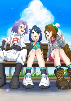 1boy 2girls absurdres black_gloves blue_eyes blue_hair boots brown_eyes brown_hair commentary_request gloria_(pokemon) gloves green_eyes happy highres james_(pokemon) liko_(pokemon) multiple_girls nezuyatai_odai nintendo open_clothes pokemon pokemon_(anime) pokemon_(classic_anime) pokemon_horizons pokemon_swsh purple_hair sitting talking team_rocket team_rocket_uniform
