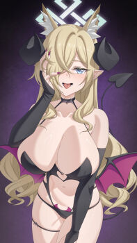 1girl animal_ear_fluff animal_ears bare_shoulders bikini black_bikini black_gloves blonde_hair blue_archive blue_eyes blue_halo blush breasts bridal_gauntlets choker cleavage collarbone demon_horns demon_tail demon_wings dog_ears elbow_gloves extra_ears fingernails gloves groin_tendon hair_over_one_eye halo highres horns kanna_(blue_archive) large_breasts long_fingernails mzrz navel notched_ear open_mouth pointy_ears purple_nails rectangular_halo sharp_teeth solo swimsuit tail teeth thigh_strap thighs tongue tongue_out wings