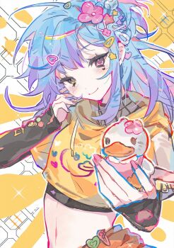 1girl artist_request blue_hair commission crop_top cropped_hoodie facial_mark floating_hair gradient_hair head_tilt heart heart_facial_mark highres holding_rubber_duck hood hoodie identity_v layered_sleeves long_hair long_sleeves multicolored_hair official_alternate_costume pink_eyes second-party_source short_over_long_sleeves short_sleeves smile solo too_many_hair_ornaments upper_body vera_nair vera_nair_(buffy) yellow_eyes yellow_hoodie