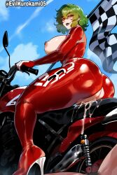 Rule 34 | 1boy, 1girl, aftersex, artist name, ass, biker clothes, bikesuit, bodysuit, breasts, breasts out, cum, cum in pussy, cumdrip, green hair, green lips, high heels, huge ass, huge breasts, legs, looking back, motor vehicle, naughty face, nipples, pussy, red eyes, shaded face, short hair, sideboob, smile, thick thighs, thighs