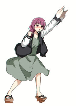 1girl black_jacket blush bocchi_the_rock! breasts character_request copyright_request dress fighting_game full_body geta green_dress hiroi_kikuri jacket motion_blur punching purple_eyes purple_hair simple_background smear_frame solo torako_(toramaru) white_background