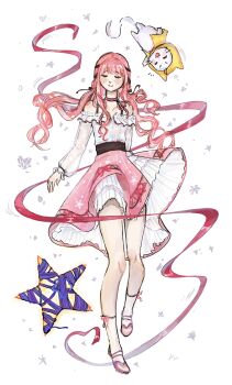 Rule 34 | 1girl, ^ ^, absurdres, ahoge, animal, ankle socks, bare shoulders, black bow, black ribbon, blunt bangs, bow, bow choker, bowtie, bra strap, buttons, cat, center frills, choker, cloak, closed eyes, closed mouth, clothed animal, collarbone, ear covers, flats, floating, floating clothes, floating hair, frilled shirt, frilled skirt, frilled sleeves, frills, full body, hair bow, hair ribbon, happy, heart, heart of string, highres, hood, hood up, hooded cloak, infinity nikki, kananoa rv, knees, layered skirt, light blush, long hair, long sidelocks, long sleeves, low twintails, medium skirt, momo (nikki), nikki (nikki), nikki (series), off-shoulder shirt, off shoulder, open mouth, perfect start (infinity nikki), pink bow, pink bowtie, pink choker, pink hair, pink ribbon, pink shoes, pink skirt, puffy long sleeves, puffy sleeves, ribbon, ribbon legwear, shirt, shoes, sidelocks, single stripe, skirt, smile, socks, star (symbol), star symbol background, striped bow, striped bowtie, striped choker, striped clothes, tress ribbon, twintails, upside-down, very long hair, wavy hair, whimstar (infinity nikki), whiskers, white background, white cat, white shirt, white skirt, white socks, yarn, yellow cloak