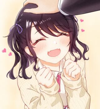 1girl black_hair blush cardigan closed_eyes commentary_request fangs fukumaru_koito headpat heart highres idolmaster idolmaster_shiny_colors long_hair long_sleeves neck_ribbon open_mouth pov pov_hands ribbon saku-0403 shirt skin_fangs swept_bangs twintails upper_body white_shirt yellow_background yellow_cardigan