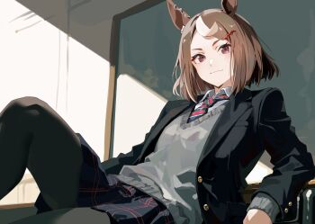 1girl absurdres alternate_costume animal_ears black_jacket black_pantyhose black_skirt blazer brown_eyes brown_hair cardigan chalkboard classroom closed_mouth commentary_request diagonal-striped_clothes diagonal-striped_necktie grey_cardigan hair_ornament hairclip highres horse_ears horse_girl indoors jacket long_sleeves looking_at_viewer multicolored_hair necktie open_clothes open_jacket pantyhose pleated_skirt red_necktie shirt short_hair skirt smile solo streaked_hair striped_clothes tsurumaru_tsuyoshi_(umamusume) umamusume white_hair white_shirt white_streaks yoojp