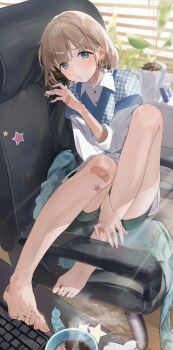 1girl absurdres arm_between_legs bandaid bandaid_on_foot bandaid_on_hand bandaid_on_knee bandaid_on_leg bare_legs barefoot blue_eyes blue_jacket blue_sweater_vest blush brown_hair chair coffee collared_shirt commentary_request computer_keyboard cup dress_shirt earrings feet green_shorts highres houndstooth idolmaster idolmaster_shiny_colors indoors jacket jewelry knees_up legs looking_at_viewer o3o office_chair on_chair plant potted_plant serizawa_asahi shirt shorts sitting sitting_sideways solo star_(symbol) star_sticker steam sticker sweater_vest swivel_chair three-quarter_sleeves toenails toes unworn_jacket uouokuma white_shirt window_blinds