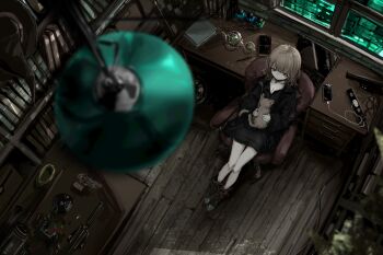 1girl animal animal_on_lap bare_legs black_choker black_coat black_shirt blouse blurry blurry_foreground book bookshelf boots breasts brown_hair cat cat_on_lap cellphone charging_device choker cleavage coat commentary computer cup desk expressionless from_above hat highres indoors inkwell laptop medium_hair narue on_lap original pen phone power_strip purple_eyes revision shirt sitting solo teacup teapot unworn_hat unworn_headwear wide_shot witch_hat