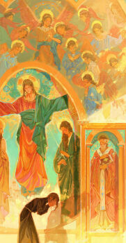 6+boys absurdres alexei_karamazov angel bent_over brown_hair brown_robe church covered_face cross crying feet_out_of_frame halo highres icon_(religion) long_hair monk multiple_boys religion robe shadow sutekooooo teardrop the_karamazov_brothers