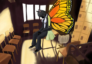 Rule 34 | 1girl, absurdres, animal ears, black gloves, black hair, black jacket, black pants, black shoes, butterfly wings, facing down, from side, fuji kiseki (shooting star revue) (umamusume), fuji kiseki (umamusume), gloves, highres, horse ears, horse girl, indoors, insect wings, jacket, long sleeves, mog (user mtvk5888), pants, shirt, shoes, sitting, solo, umamusume, umamusume: beginning of a new era, white shirt, wings