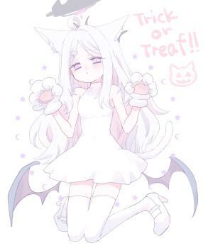 1girl black_halo blue_archive breasts demon_girl demon_horns demon_wings dress halloween halo highres hina_(blue_archive) horns long_hair looking_at_viewer low_wings purple_eyes simple_background small_breasts solo tail takahisayuki very_long_hair white_dress white_hair wings