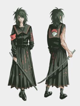1girl alternate_universe armband black_eyes black_hair black_sailor_collar black_serafuku black_shoes black_socks clothes_writing delinquent eyepatch from_behind front_and_back full_body genderswap genderswap_(mtf) hair_over_one_eye highres long_skirt medical_eyepatch medium_hair messy_hair multiple_views naruto_(series) naruto_shippuuden red_armband reference_sheet sailor_collar scar scar_on_arm scar_on_face school_uniform serafuku shoes sifangtouzi single_sleeve skirt socks standing sukeban torn_clothes torn_sleeves uchiha_obito uchiha_symbol