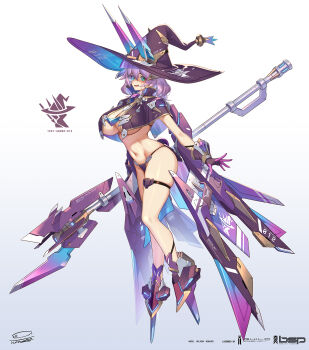 Rule 34 | 1girl, armor, armored boots, bikini, bikini armor, bikini bottom only, blue eyes, boots, breasts, bunny suit planning, capelet, gloves, hair between eyes, hat, highres, holding, holding staff, horns, large breasts, mechanical ears, mechanical horns, multicolored gloves, navel, open mouth, purple hair, short hair, skindentation, solo, staff, swimsuit, takamine nadare, thigh strap, two-tone gloves, white background, witch hat