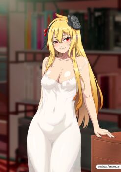 1girl bare_shoulders blonde_hair blush breasts cleavage dress highres hololive hololive_indonesia kaela_kovalskia large_breasts looking_at_viewer mask oodnap red_eyes see-through_clothes see-through_dress smile solo virtual_youtuber white_dress