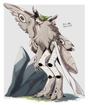 1other androgynous antennae arthropod_tail bandaged_leg bandages border bug claws extra_pupils from_side full_body furry grey_background hand_up hat highres insect insect_wings leaf_hat moth moth_wings original other_focus rock sannota272 solo standing white_border wings