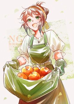 1girl :d apple apron brown_hair commentary_request falling_leaves food fruit gloves green_apron green_eyes green_gloves highres leaf looking_at_viewer octopath_traveler octopath_traveler:_champions_of_the_continent octopath_traveler_0 open_mouth puffy_short_sleeves puffy_sleeves shirt short_sleeves smile solo standing stia_(octopath_traveler) watermark white_shirt yutohiroya