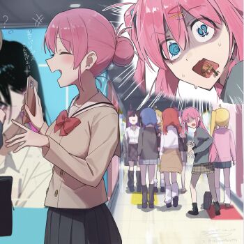 !? 6+girls :d ^_^ absurdres black_skirt blue_eyes bocchi_the_rock! brown_shirt cellphone closed_eyes commentary_request cube_hair_ornament from_behind gotoh_hitori gotoh_michiyo hair_bun hair_ornament hairclip highres holding holding_phone ijichi_nijika ijichi_seika kita_ikuyo long_hair looking_back multiple_girls multiple_views open_mouth pa-san phone pink_hair pleated_skirt school_uniform seisyuntarotto shirt short_hair shuka_high_school_uniform single_hair_bun skirt smile walking yamada_ryo