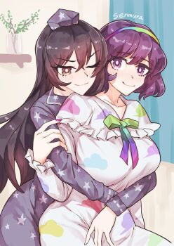 2girls alternate_costume black_eyes black_hair blue_hat blue_pajamas breasts cloud_print collarbone curtains frilled_sleeves frills hat highres hug hug_from_behind iizunamaru_megumu indoors long_hair long_sleeves multicolored_clouds multiple_girls one_eye_closed pajamas plant potted_plant purple_eyes purple_hair rainbow_hairband rainbow_ribbon senmura smile star_(symbol) star_print straight_hair tenkyuu_chimata tokin_hat touhou v-shaped_eyebrows white_pajamas yuri
