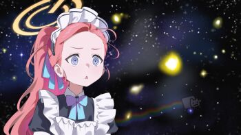 1girl absurdres apron blue_archive blue_bow blue_eyes blue_ribbon bow commentary confused dress forehead frilled_dress frills hair_ribbon halo highres long_hair maid maid_apron maid_headdress mechanical_halo meme mitsutsuka nyan_cat orange_hair ponytail puffy_short_sleeves puffy_sleeves ribbon short_sleeves solo space space_cat_(meme) triangle_mouth upper_body v-shaped_eyebrows yellow_halo yuzu_(blue_archive) yuzu_(maid)_(blue_archive)