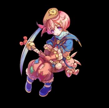 1girl beret black_background blue_boots blue_neckerchief blue_shirt blue_sweater blush boots breasts brown_gloves brown_hat brown_pants full_body gears gloves hair_between_eyes hair_ribbon hat holding holding_pickaxe long_sleeves merc_storia merc_storia_art_team neckerchief official_art pants parted_lips pickaxe pink_hair pink_ribbon purple_eyes rabbit ribbon shirt short_hair simple_background small_breasts solo standing stuffed_toy sweater sweater_under_shirt tachi-e tareme toromoco_(merc_storia) turtleneck turtleneck_sweater