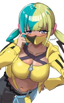 1girl aqua_hair artist_name bandeau black_hair black_pants blonde_hair blue_pants blush breasts canari_(pokemon) cleavage crop_top cropped_jacket dark-skinned_female dark_skin highres jacket kanuici336 long_sleeves looking_at_viewer mask mouth_mask multicolored_hair navel nintendo pants pokemon pokemon_legends:_z-a short_hair simple_background solo split-color_hair twintails two-tone_pants white_background yellow_jacket