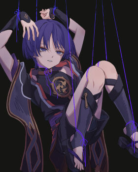 1boy absurdres armor arms_up black_background black_bodysuit black_kimono black_leggings black_sandals black_shorts black_sleeves blunt_ends bodysuit eyeliner eyeshadow full_body furisode genshin_impact gold gold_trim han&#039;eri highres japanese_armor japanese_clothes jewelry kimono knees_together_feet_apart knees_up kote kurokote layered_kimono layered_sleeves leggings looking_past_viewer lower_eyelashes_only makeup male_focus mandarin_collar mitsudomoe_(shape) neck_ring open_clothes open_hand open_kimono open_mouth purple_eyes purple_hair purple_sash purple_sleeves red_eyeliner red_eyeshadow red_kimono red_sash sandals sash scaramouche_(genshin_impact) short_sleeves shorts shoulder_peek smile solo stirrup_legwear string_around_ankle string_around_leg string_around_neck string_around_wrist toeless_legwear toes tomoe_(symbol) tsurime white_kimono white_mouth yamabuki_(yamabuki_xxxxx) zouri