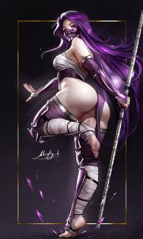 1girl absurdres ass bandaged_ankle bandaged_wrist bandages breasts chest_sarashi commentary commission elbow_gloves english_commentary fingerless_gloves gloves highres holding holding_weapon long_hair looking_at_viewer mask medium_breasts moonlen-jack mouth_mask original pelvic_curtain purple_hair purple_thighhighs sarashi solo thighhighs weapon yellow_eyes