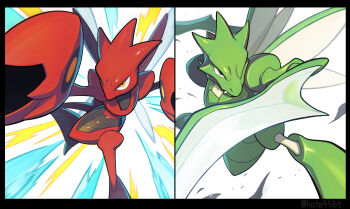 black_border border closed_mouth commentary_request evolutionary_line fang fang_out gen_1_pokemon gen_2_pokemon hata4564 highres nintendo no_humans perspective pincers pokemon pokemon_(creature) scizor scyther split_screen yellow_eyes