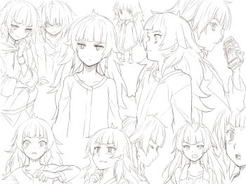 blush commentary_request greyscale highres hiyajou_maho holding holding_phone long_hair makise_kurisu makise_kurisu_(amadeus) menomorute monochrome multiple_costumes multiple_expressions multiple_views open_mouth phone science_adventure simple_background smile steins;gate steins;gate_0 tagme